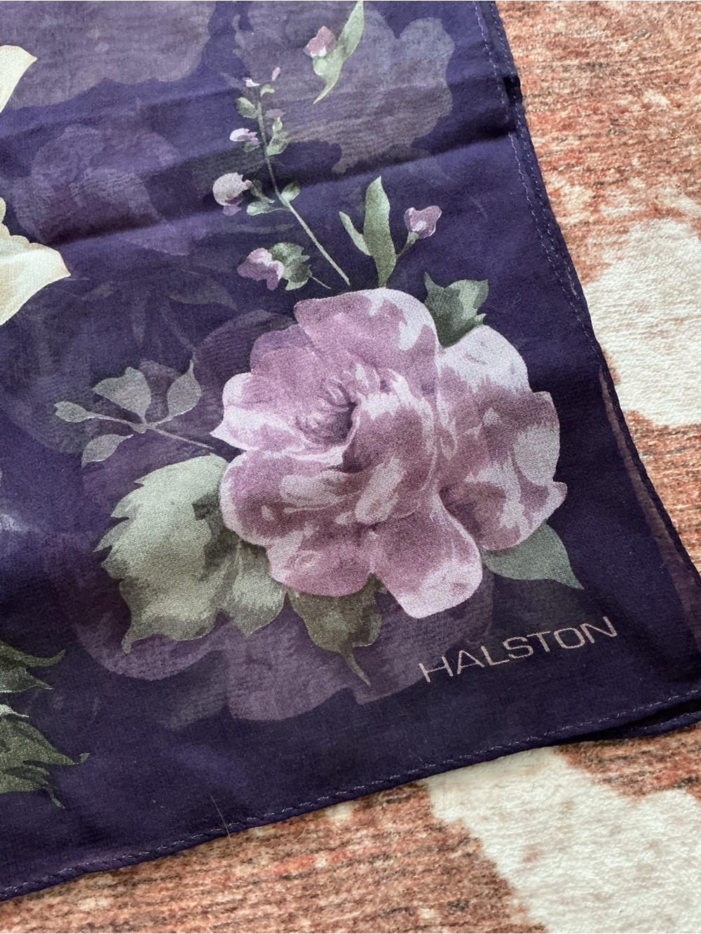 Vintage Halston Heritage Floral 100% Silk Scarf in Purple and Lavender